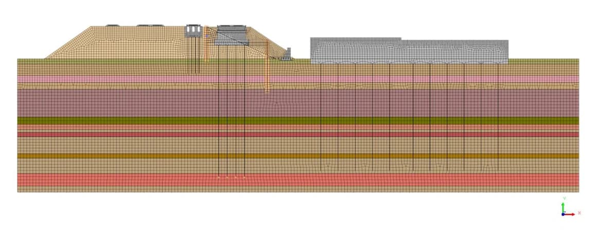 Расчётный разрез · многослойное основание и свайное поле