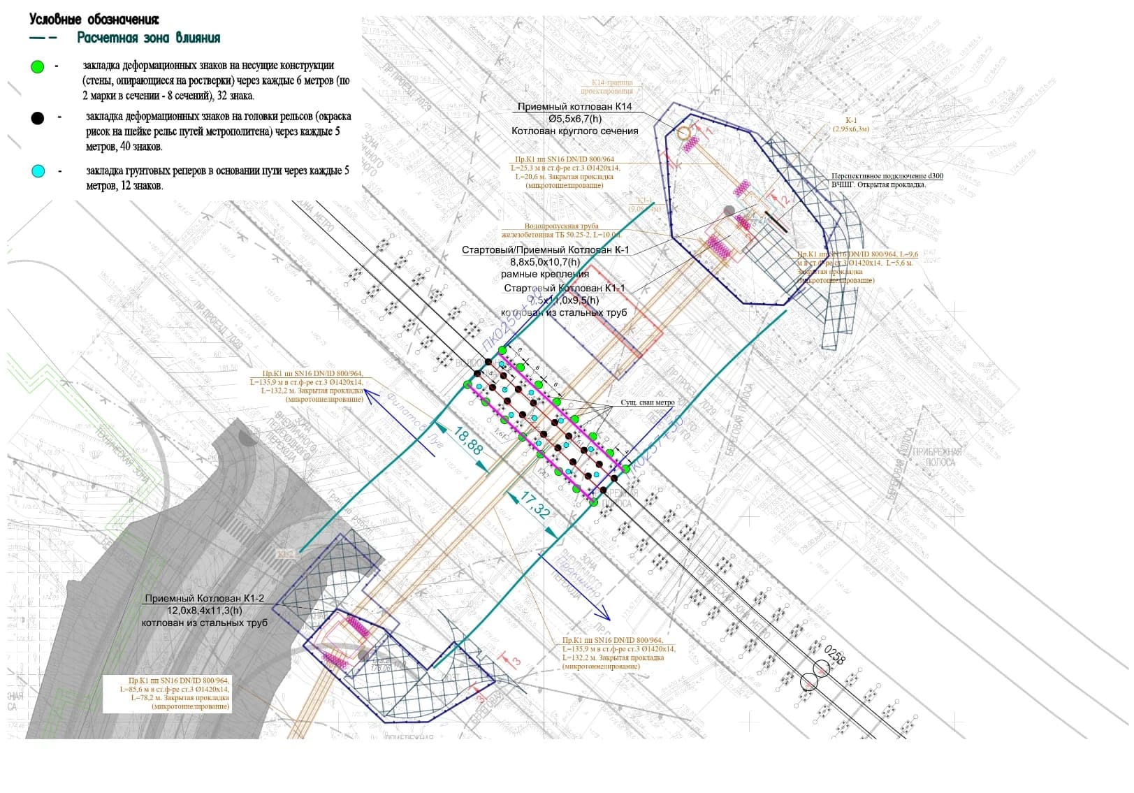 План расчётной зоны влияния с марками мониторинга на окружающей застройке