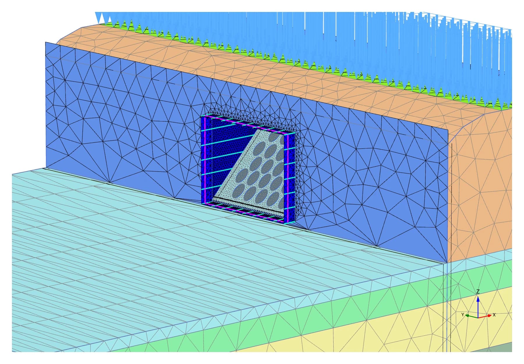 Фрагмент армогрунтовой конструкции в теле насыпи · 3D-модель