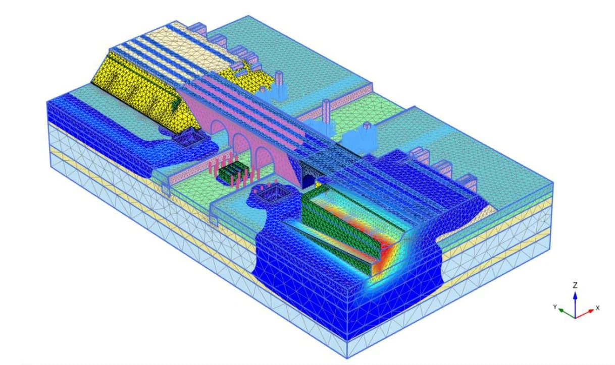 Расчётная 3D-модель участка · котлован, слои грунта, окружающая застройка · Plaxis 3D