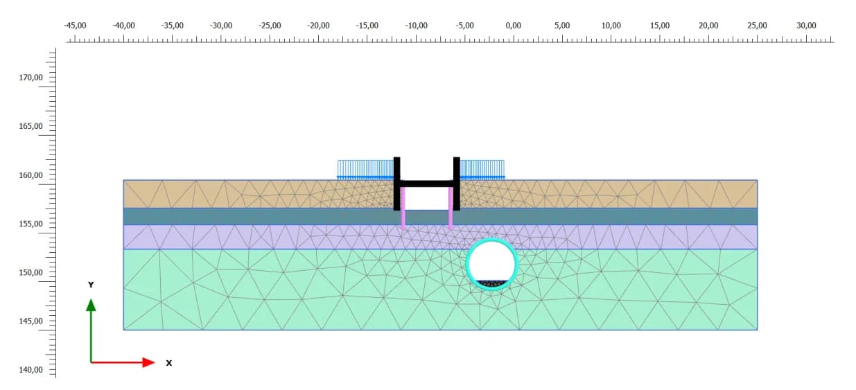 2D-разрез траншеи коммуникаций · многослойное основание · существующая труба