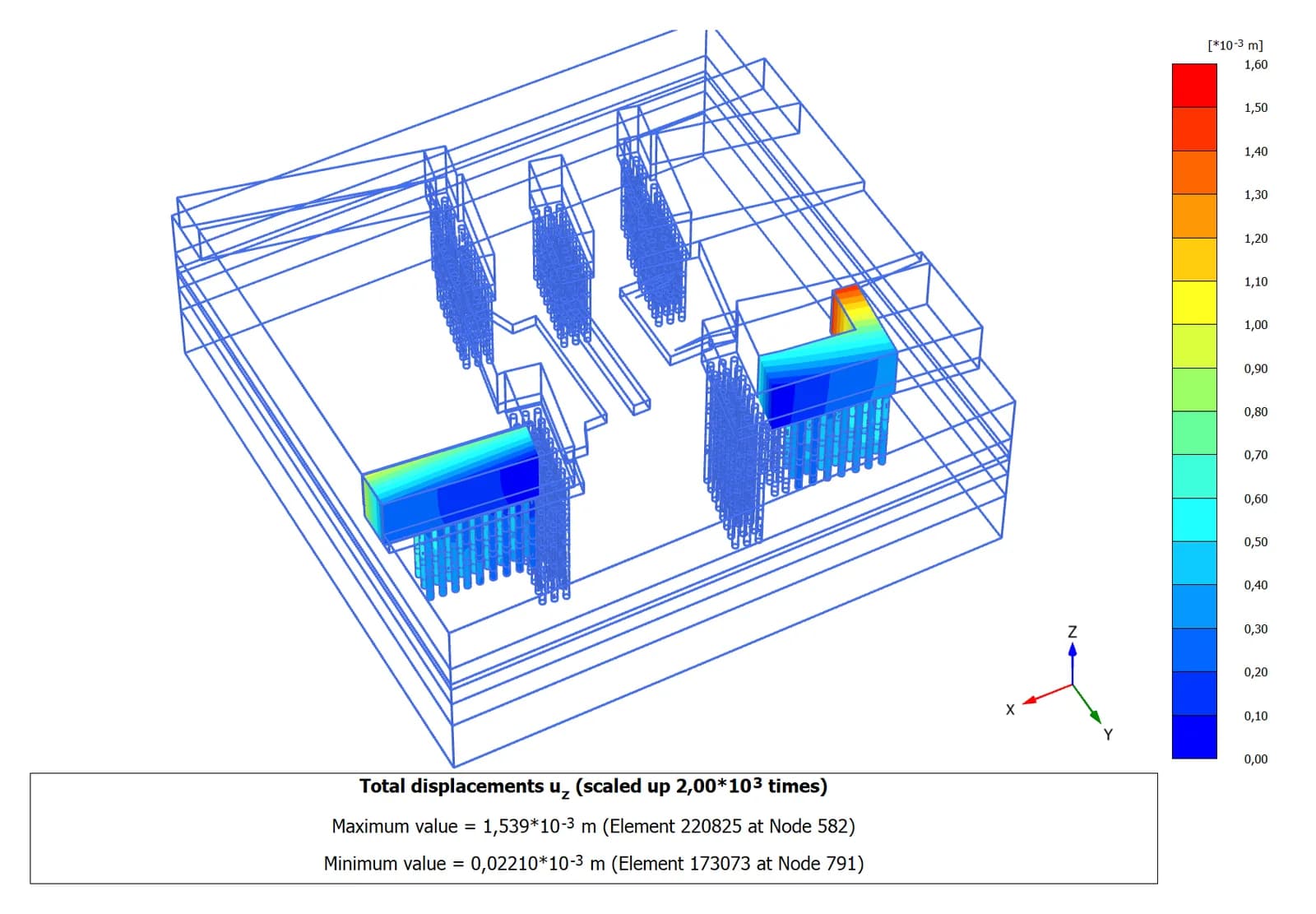 Осадки подпорных стен на свайном основании · 3D-модель