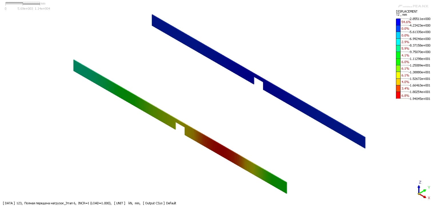 Поле перемещений в теле протяжённой подпорной стены · Midas FEA NX