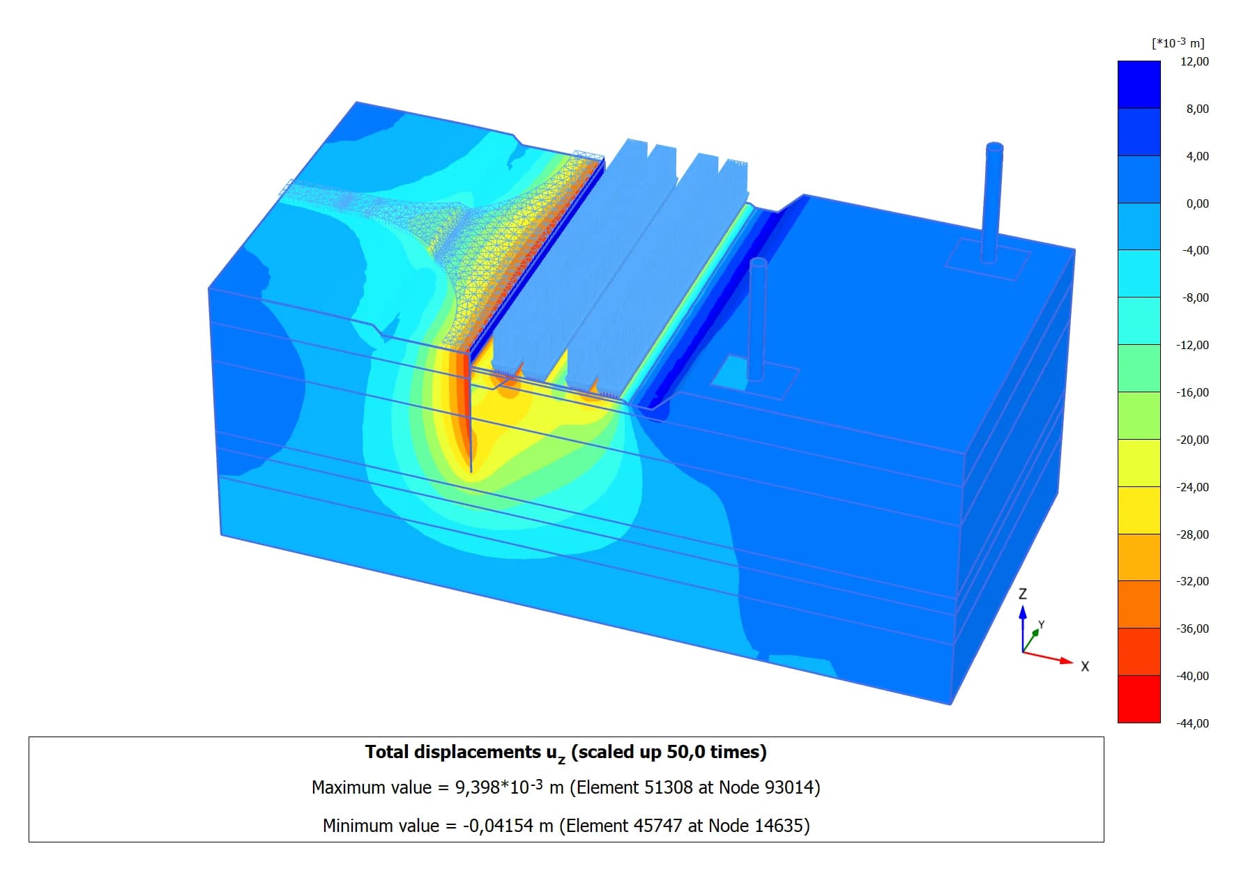 3D-модель шпунтового ограждения · изополя перемещений · Plaxis 3D