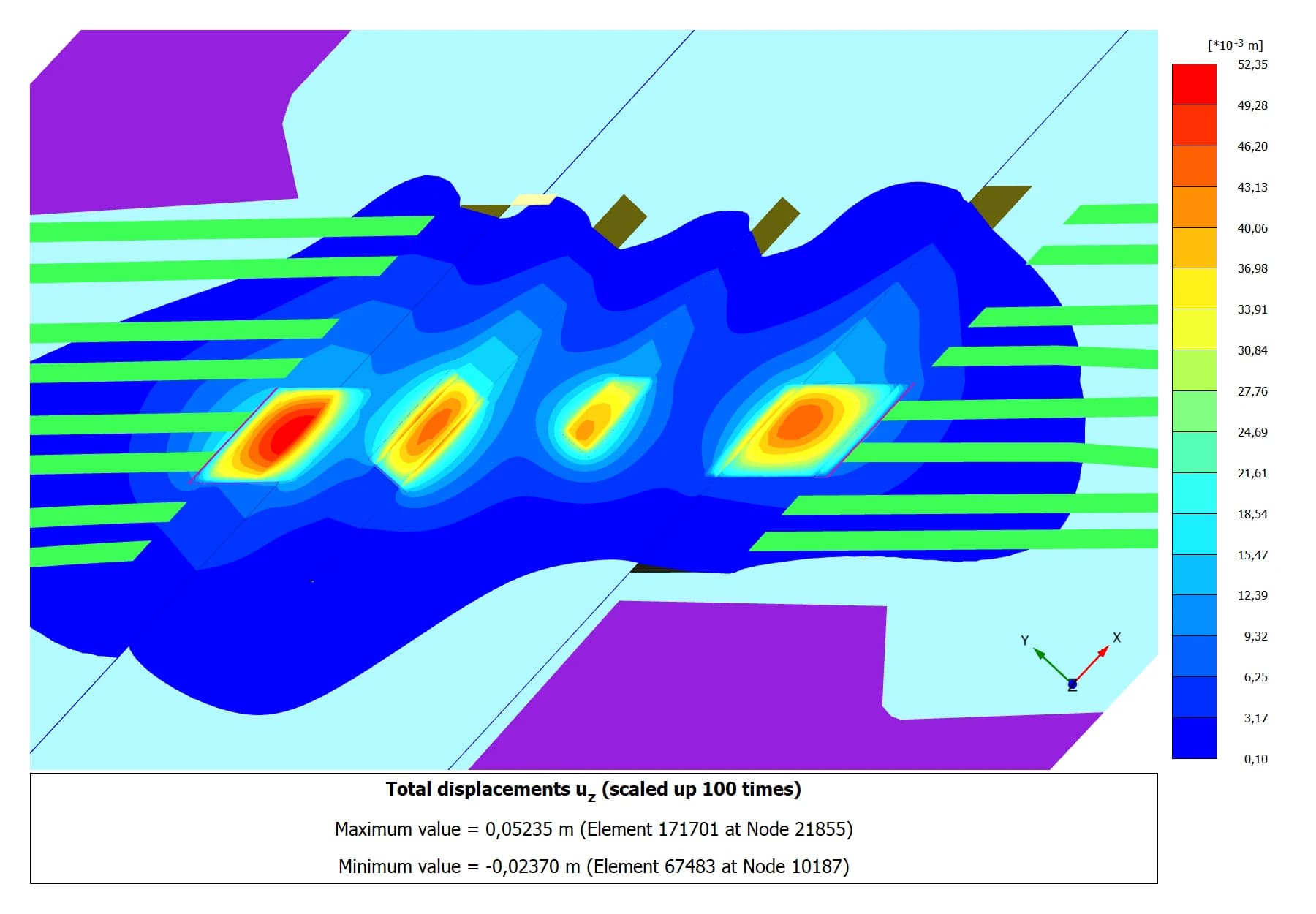 Поле перемещений u₂ в массиве · план-вид · изополя